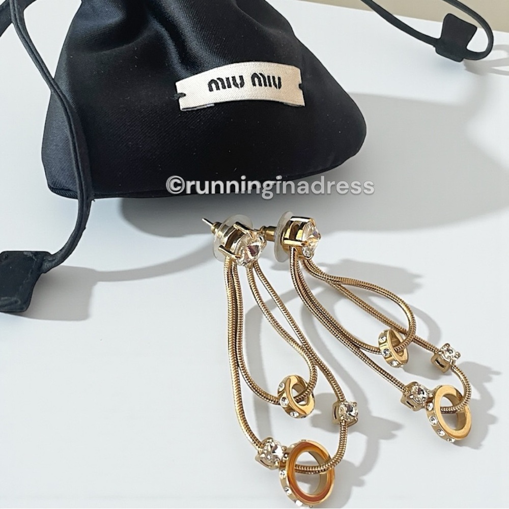 Authentic Miu Miu Crystal-Embellished Gold Snake Chain Tassel Drop Earrings